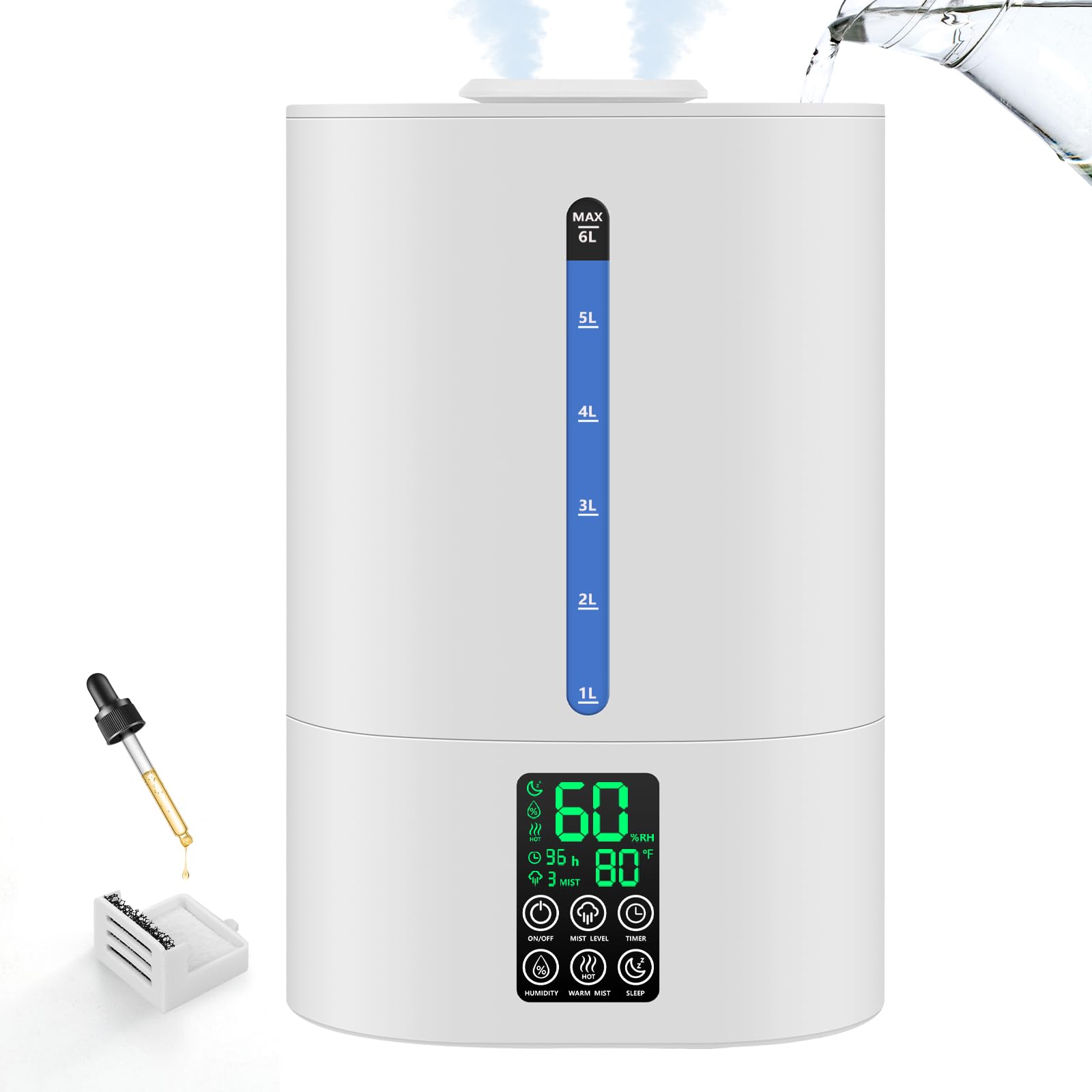 6L Humidifiers for Bedroom Large Room Home, Cool and Warm Humidifiers for Baby and Plants Mist Top Fill Desk Humidifiers Essential Oil Diffuser, Quiet with Adjustable Mist,360°Nozzle-White
