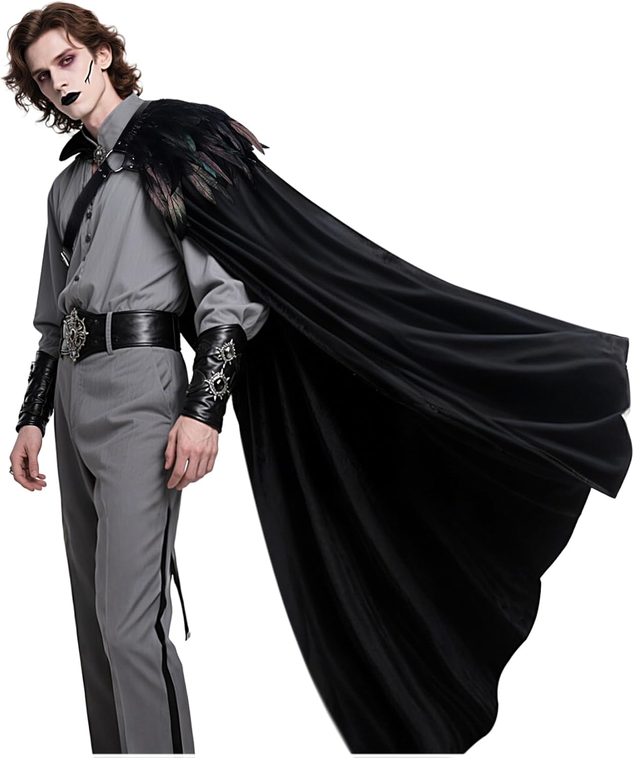 L'VOW Black Half Shoulder Cape with Feather Shrug - Renaissance Ranger Cloak Halloween LARP Gothic Knight Cosplay - Image 7
