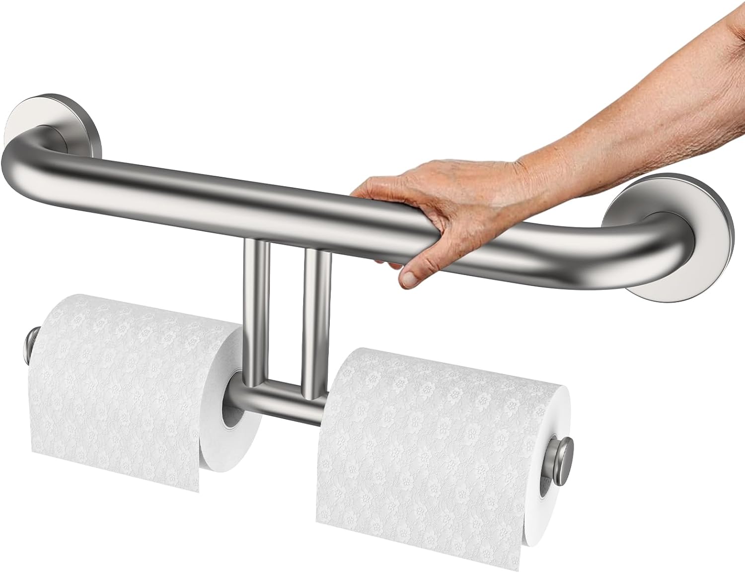 Brushed Nickel Handicap Grab Bar w/Toilet Paper Roll Holder, Zepolu 2-in-1 Safety Assist Bar Balanced Support Handle 17 Inch, Stainless Steel Wall Mounted Bathroom Toilet Grab Bar for Senior Elderly 17 inch Brushed Nickel