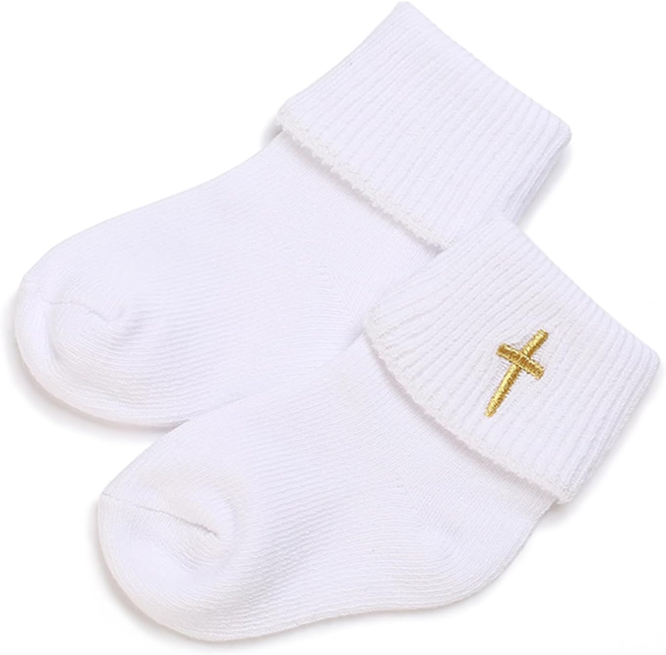 Newborn Baptism Socks,White Cotton Turn-Cuff Christening Ankle Crew Socks with Cross for Baby Boys & Girls