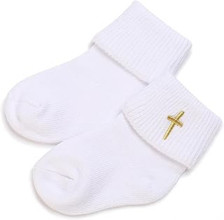 Newborn Baptism Socks,White Cotton Turn-Cuff Christening Ankle Crew Socks with Cross for Baby Boys