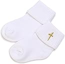 Yeshore Newborn Baptism Socks,White Cotton Turn-Cuff Christening Ankle Crew Socks with Cross for Baby Boys & Girls