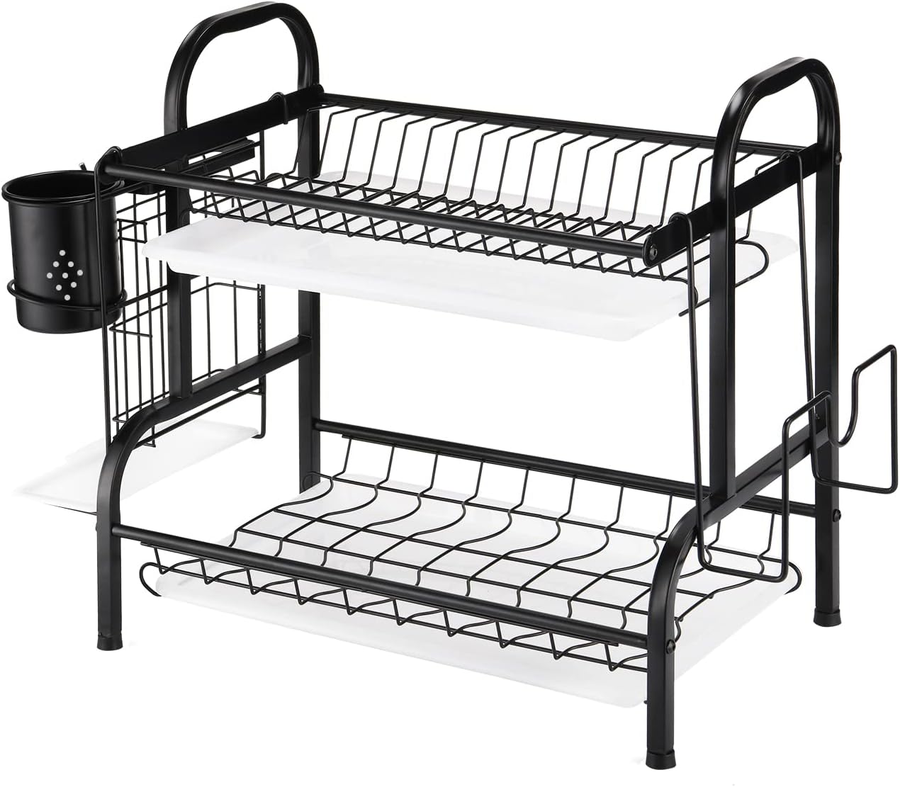 KASSO Dish Drying Rack, 2 Tier Stainless Steel Dish Rack with Drainboard, Utensil Holder, Cutting Board Holder, Large Rust-Proof Dish Drainer for Kitchen Counter, Black