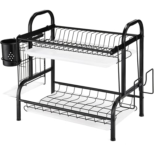 KASSO Dish Drying Rack, 2 Tier Stainless Steel Dish Rack with Drainboard, Utensil Holder, Cutting Board Holder, Large Rust-Proof Dish Drainer for Kitchen Counter, Black