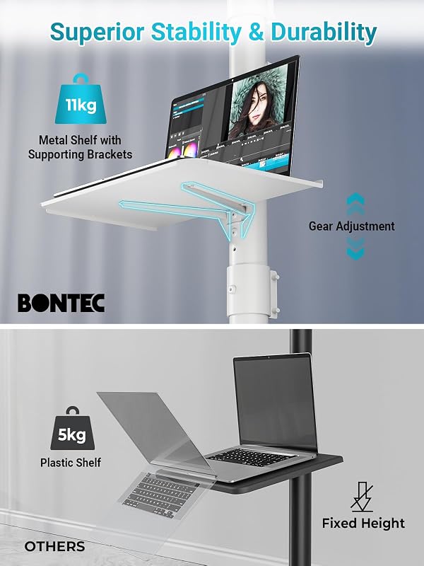 BONTEC Mobile TV Cart for 23-60 Inch LED LCD Flat Curved Screens TVs, Rolling TV Stand with Locking Wheels Holds Up to 88lbs, Height Adjustable Portable Stand with Media Shelf Tray, Max VESA 400x400mm by BONTEC - Image 5