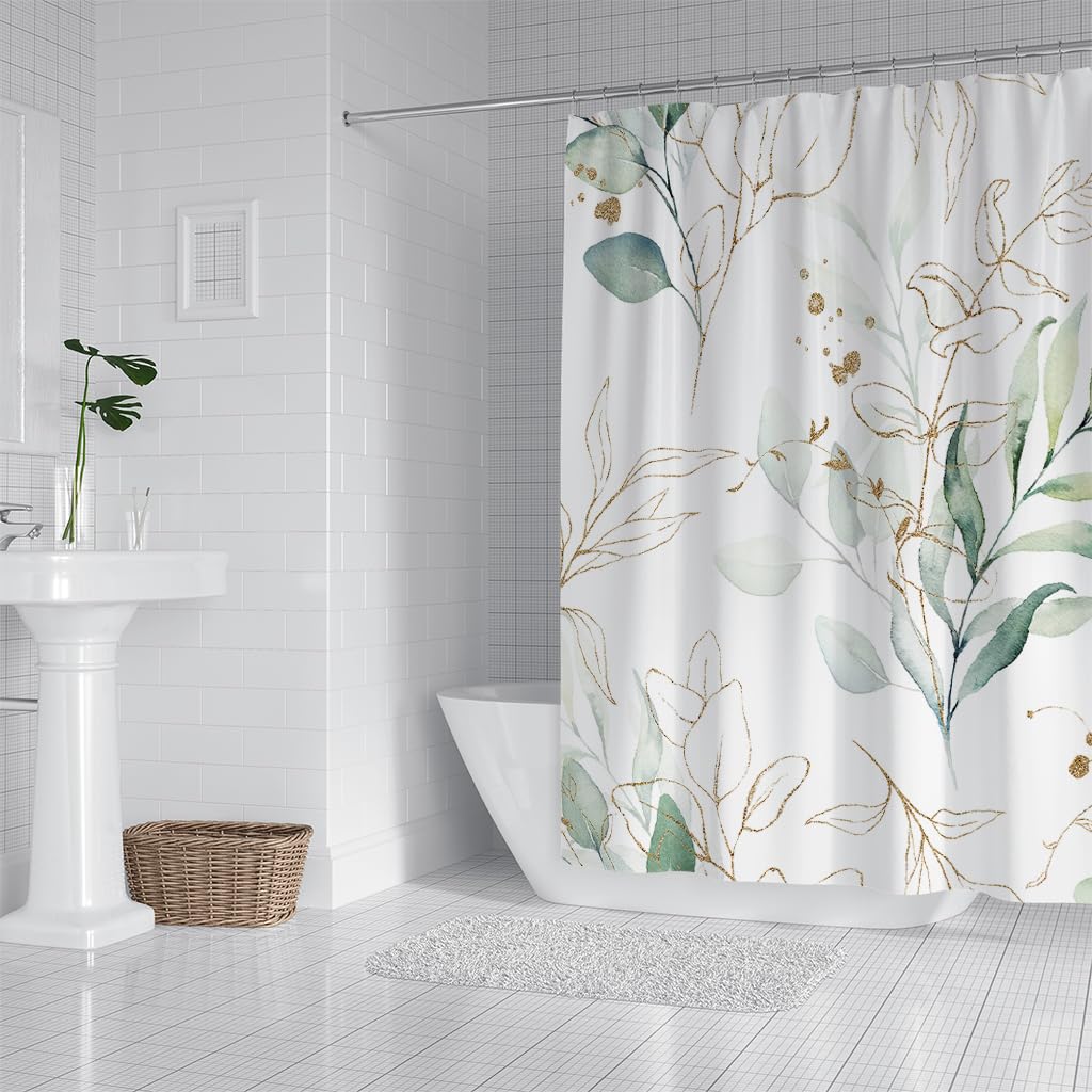 Duschvorhang 200x200 mit Grünen Eukalyptusblättern, Aquarell Badezimmervorhang mit Goldenen Blättern und Blumenmuster, Wasserdichter Polyesterstoff für Badewannen/Badezimmer mit Haken, B200 x H20