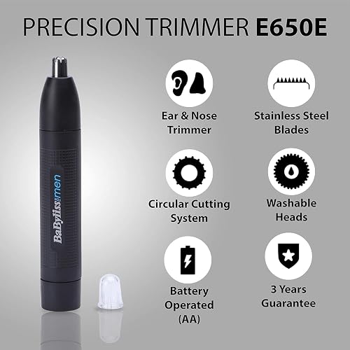 BaByliss Tondeuse Nez et Oreilles BaByliss - Système de coupe circulaire à 2 lames, Fonctionne sur pile, Acier inoxydable, Accessoires amovibles faciles à nettoyer, Noir, E650E - 5