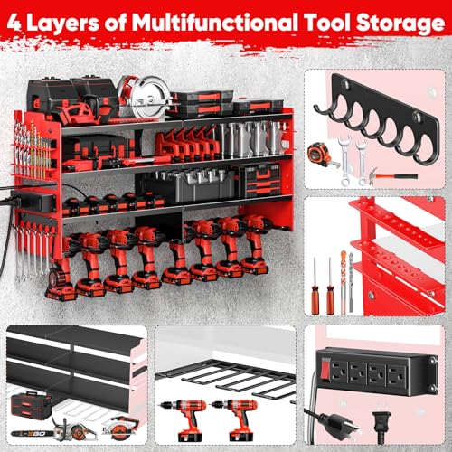 Image of POKIPO Large Power Tool Organizer Wall Mount with Charging Station,4 Layer Heavy Duty Metal Tool Storage Shelf Loads 600lbs,Battery Utility Rack With 4 Outlet Power Strip with 8 Cordless Drill Holder