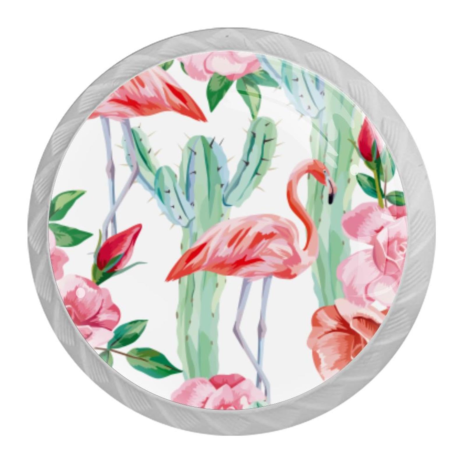 Tqmspg Multi08 4 Pieces Drawer Pulls Flamingo Cactus Flowers Door Knobs Dresser Handles For Kitchen Wardrobe Cupboard Hardware Furniture