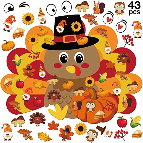 43 Pcs Fall Thanksgiving Turkey Pumpkin Felt Craft Diy Kit With 36 Detachable Maple Leaves Gnomes Squirrel Pine Cones Corns Ornaments And 6 Turkey Facial Expression For Thanksgiving Autumn Party Favor #TOP9