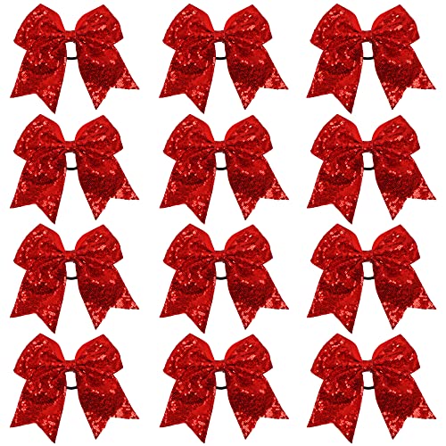 12Pcs 7Inch Red Large Big Cheer Bows For Girls Glitter Sequin Hair Bows Ponytail Holders Cheerleading Bows Elastic Hair Ties Bands For Baby Girls School College Teens Senior Cheerleader #TOP16