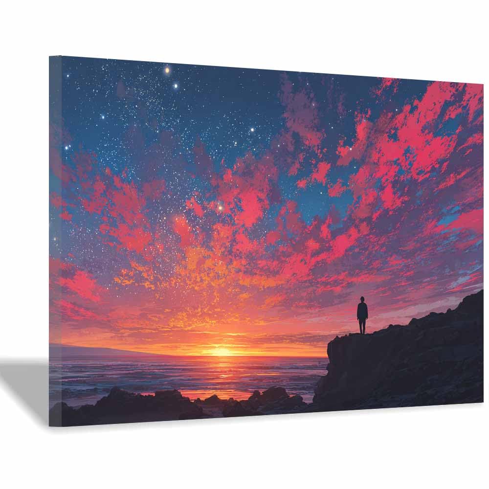 HOQIU Landscape wall art Sunset Cliff Silhouette canvas art, art print, house decor, bedroom wall decor above bed, prints for living room.(Multicolor)-30x40cm Framed