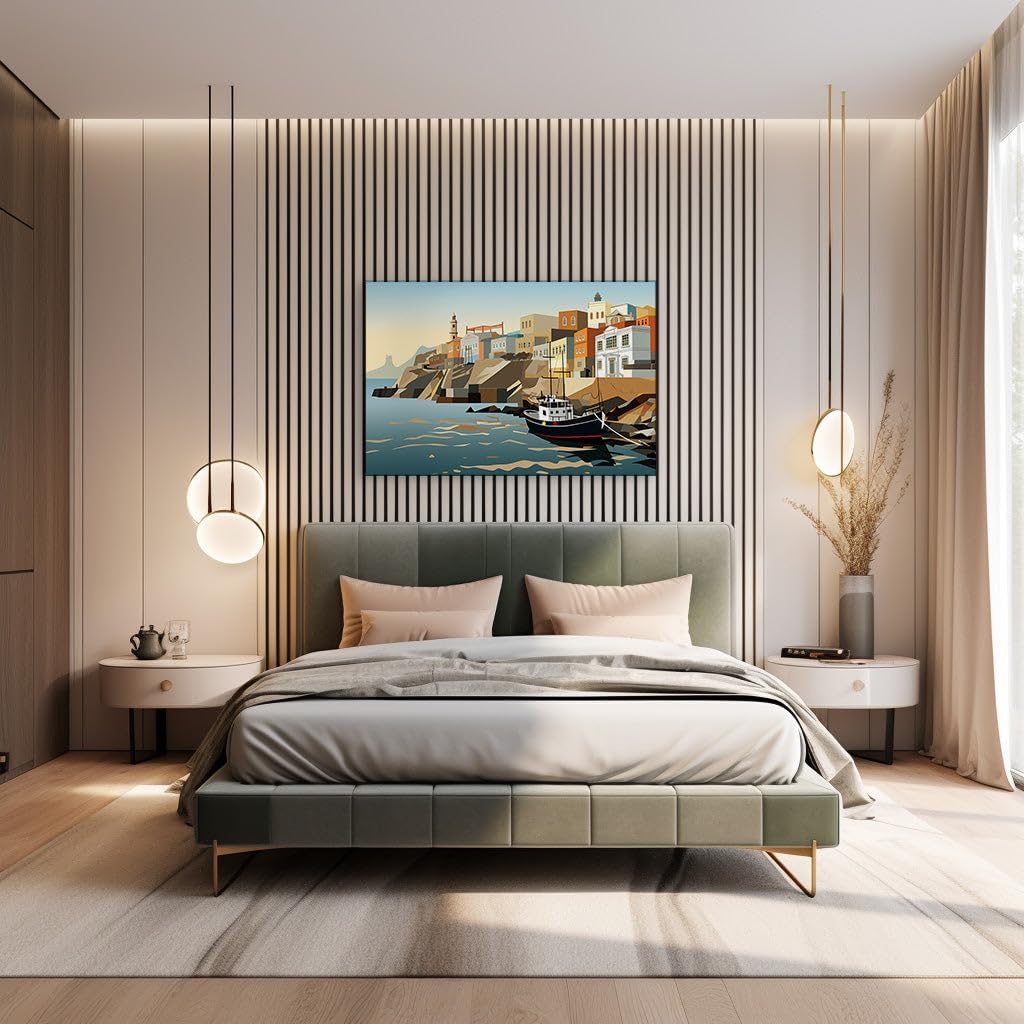 Canvas for Living room. Mediterranean Serenity Captured in a Greek Village Seascape, 27 x 18 inch Canvas Wall Art - Contemporary Masterpieces - Modern Home Decor - 69x46 cm (27x18 inch)