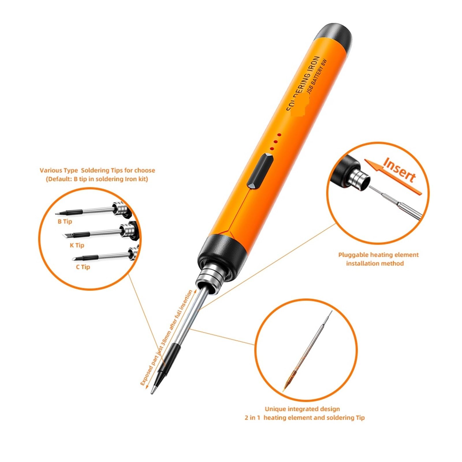 Saldatore Elettrico Con Ricarica Wireless USB, Saldatore Portatile, Kit Di Strumenti Di Saldatura Microelettronica A Ricarica Rapida USB Il Miglior Regalo(Orange-piece set)