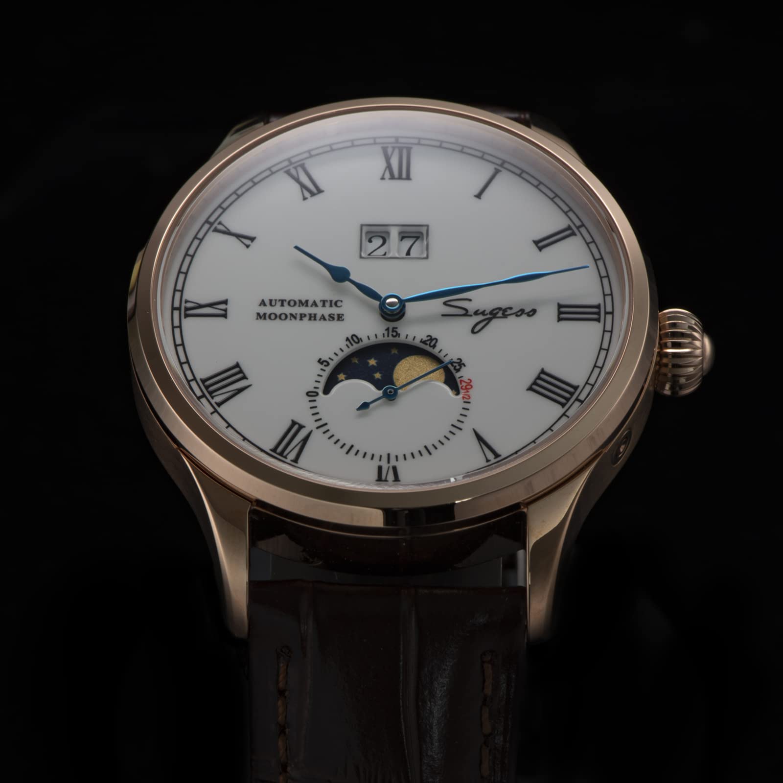 SUGESS Seagull ST2528 Automatik Mondphase Saphir Roségold 1963 BNIB, (SSMP015)
