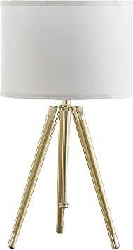 Benzara Kera Table Lamp, White Drum Shade, Brass Gold Tripod Base 39 Inch