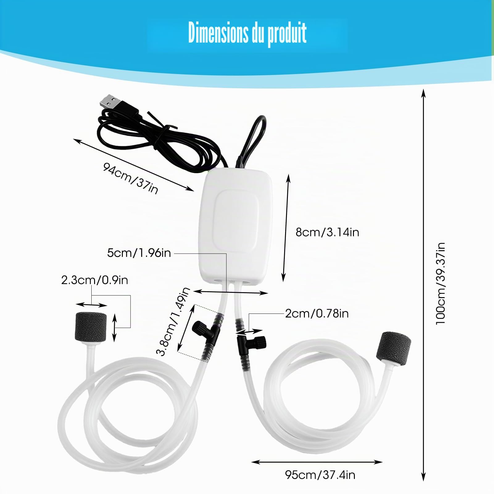 Pompe à air USB avec Double Pierre à air – Mini Pompe à oxygène 1 W économe en énergie, Portable avec Tuyau, Pierre à gazéifier pour Aquarium, Flux d’oxygène Stable pour Aquarium