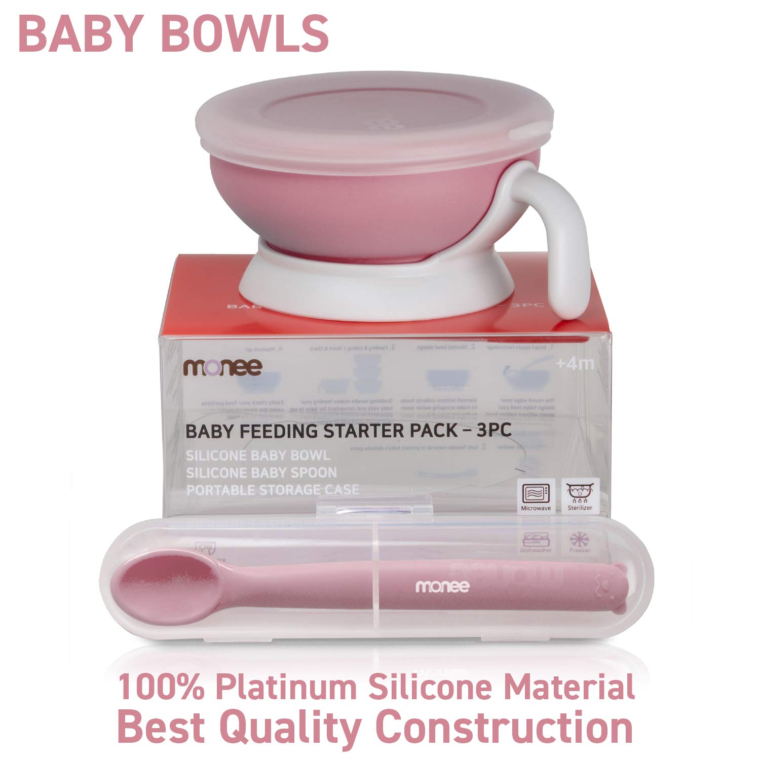 Monee Baby Bowls and Baby Spoons. Baby Led Weaning Baby Feeding Set - Set Includes Baby Spoon, Baby Silicone Bowl and Secure Lid