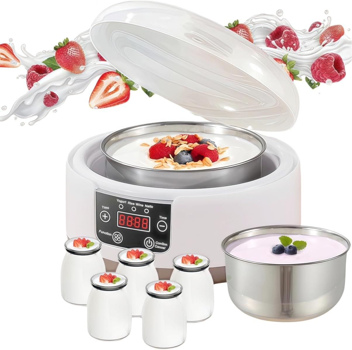 Yogurt Maker with Adjustable Temp(90°F-113°F) & Time(1-36h) – suitable for homemade yogurt, Greek Yogurt(5 glass Jars 1.2L Stainless Steel Inner Pot) (White)