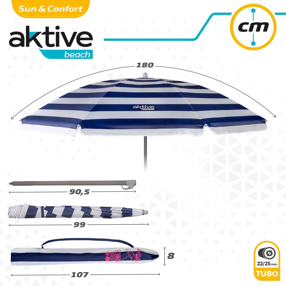 Aktive 62223 - Sombrilla de playa, Ø180 cm, con protección UV filtro 50, mástil Ø22-25 mm, incluye bolsa para transportarla, Sombrilla playa plegable, estampado a rayas marineras, Aktive Beach,