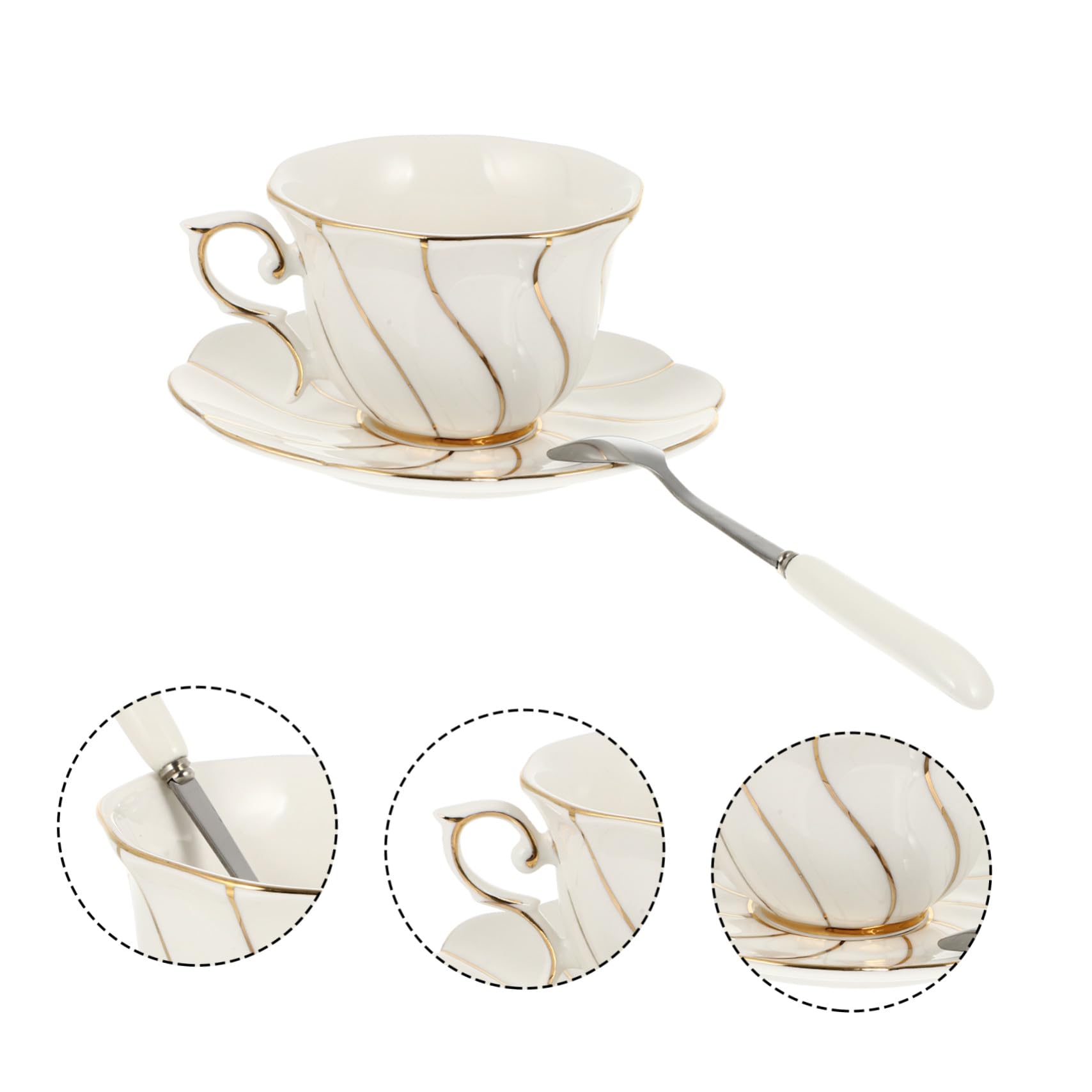 Gatuida Tazas de Café y Té de Elegante con Dorado Set de Taza Plato y Cuchara Resistente y Fácil de Limpiar para Hogar y Oficina