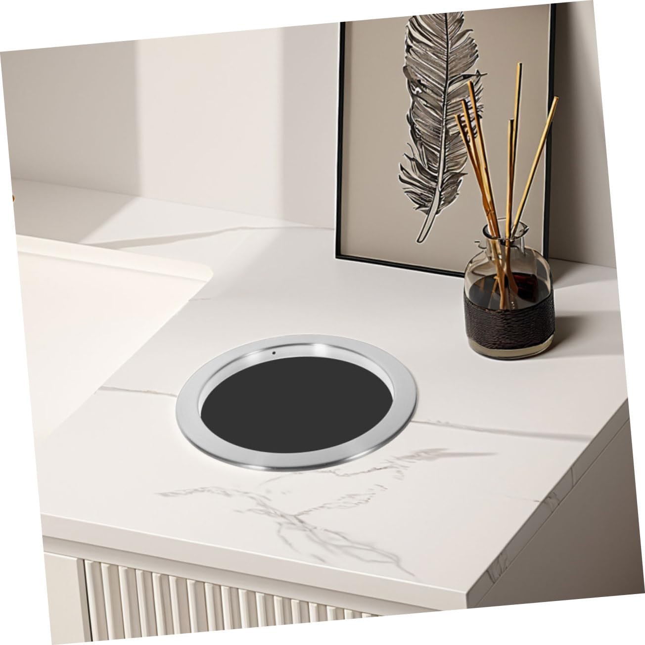 PRETYZOOM Stainless Steel Flush Mount Trash Can Lid for Kitchen Countertop Swing Top Garbage Can Cover Grommet Hidden Bin Edge Protector