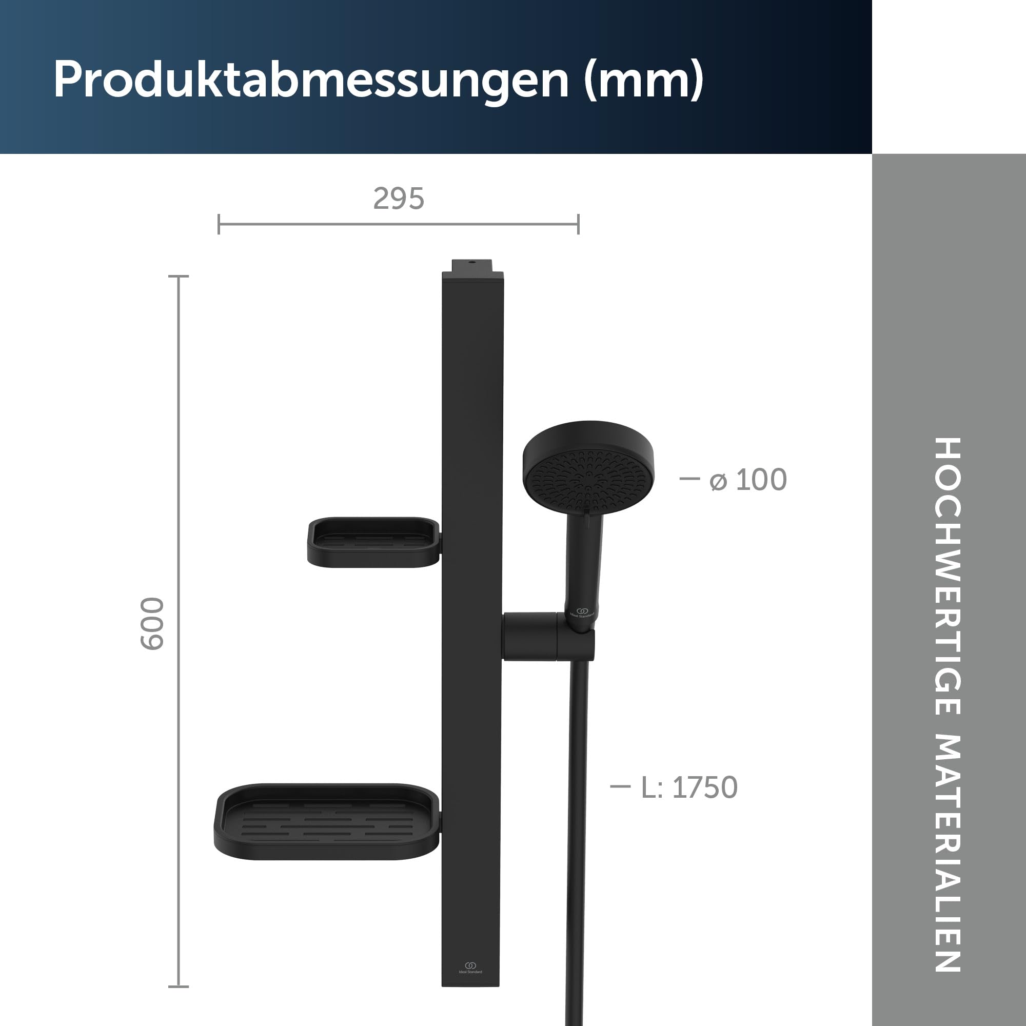 Ideal Standard Idealrain Alu+ Brausekombination, Wassersparender Duschkopf mit zwei Strahlarten (SilkRain und Rain) und verstellbaren Ablagen – Schwarz Matt (349x157x600 mm)