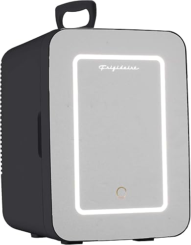 FRIGIDAIRE EFMIS170-BLACK, mini refrigerador portátil compacto con espejo iluminado personal, capacidad de 10 L, enfría 15 latas, 100% libre de