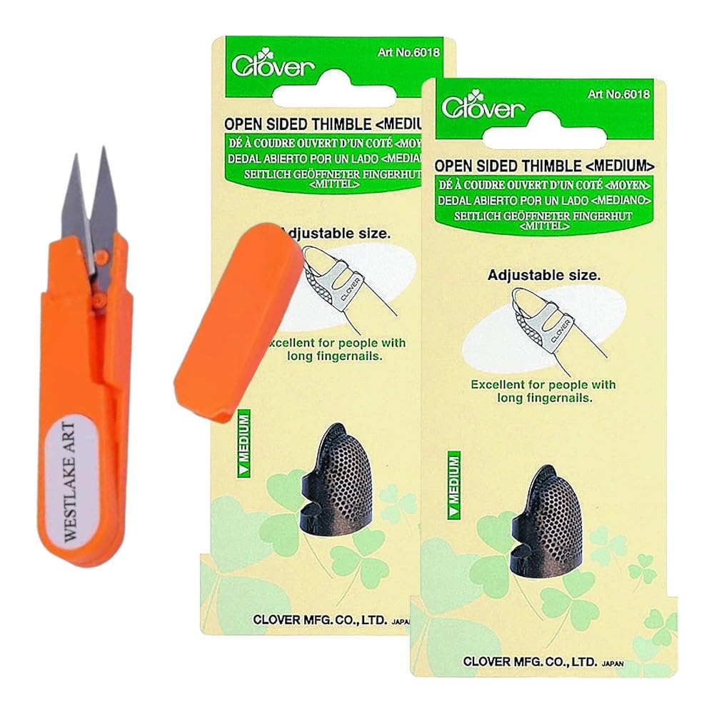 westlake art Clover Metal Open Sided Thimble, Bundle Embroidery Scissors - Metal Thimbles For Hand Sewing, Medium Size, Adjustable Size, Versatile For Sewing Kit & Quilting Projects [Pack Of 2]