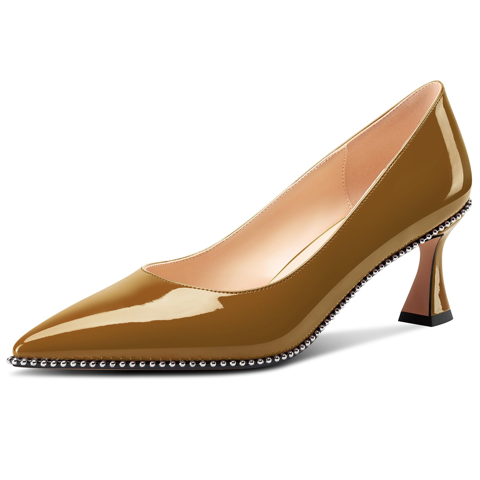 TNYNFBEB Womens Kitten Heel Pointed Toe Pumps Slip-on Sliver Beaded Prom Wedding Dress Basic Classic Patent Leather Summer 2.6 Inches Heels