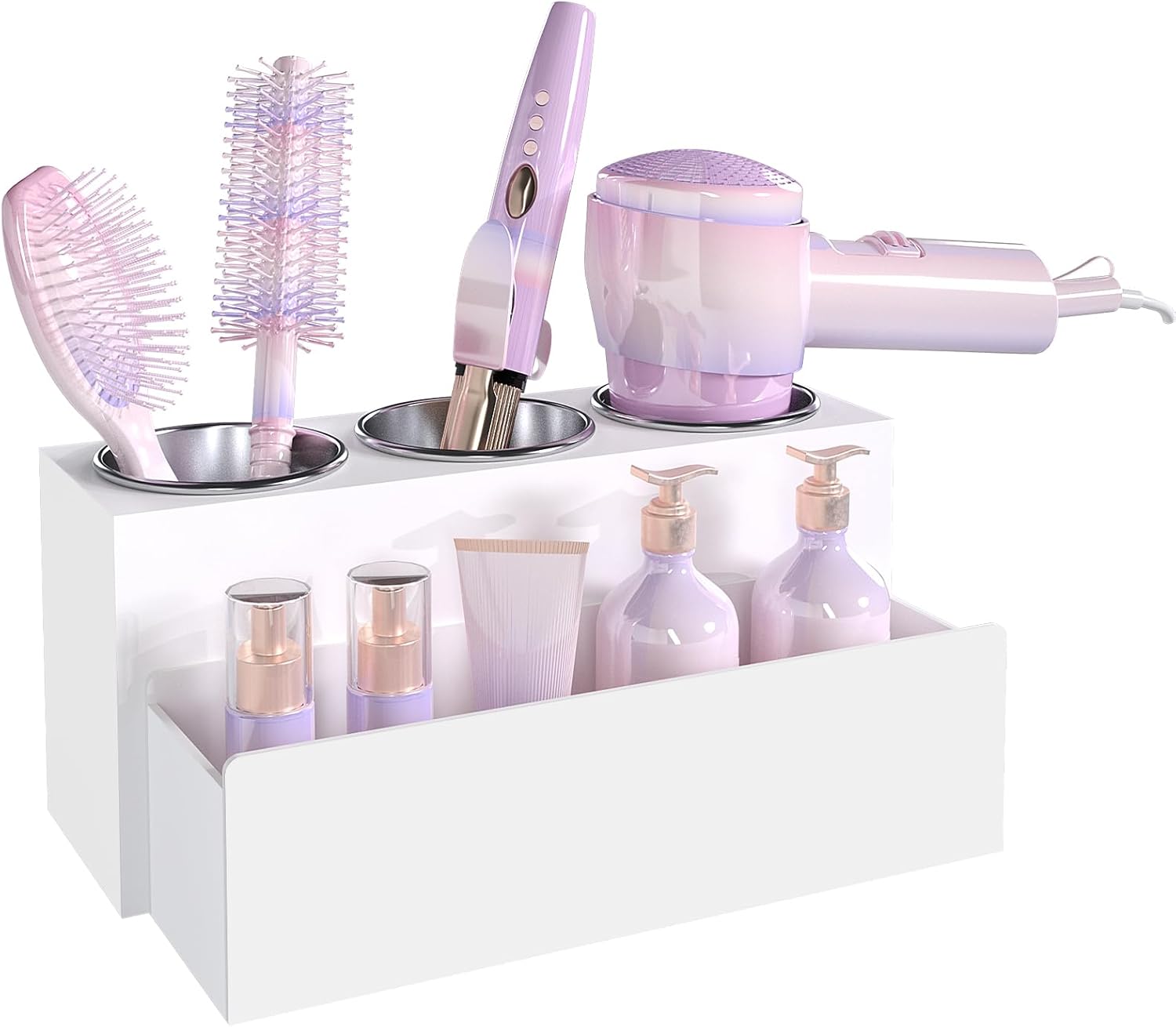 Hair Tool Organizer, Acrylic Hot Hair Styling Tool Organizer with 3 Cups, Hair Dryer Holder for Bathroom Organization Bedroom Vanity Countertop Caddy Storage Curling Iron Stand (Glossy White)