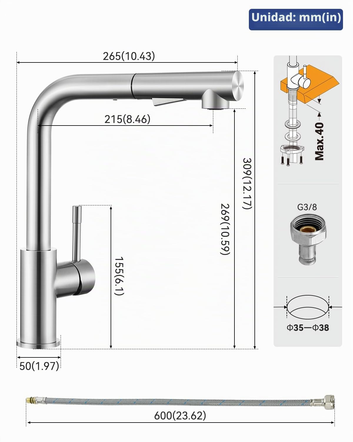 Grifo de cocina extensible, grifo de cocina con ducha, dos tipos de chorro de agua, grifo de alta presión, grifo de cocina de acero inoxidable cepillado, monomando de cocina, rotación de 360 ° | Dos tipos de chorro de agua, rotación de 360°, agua fría y c