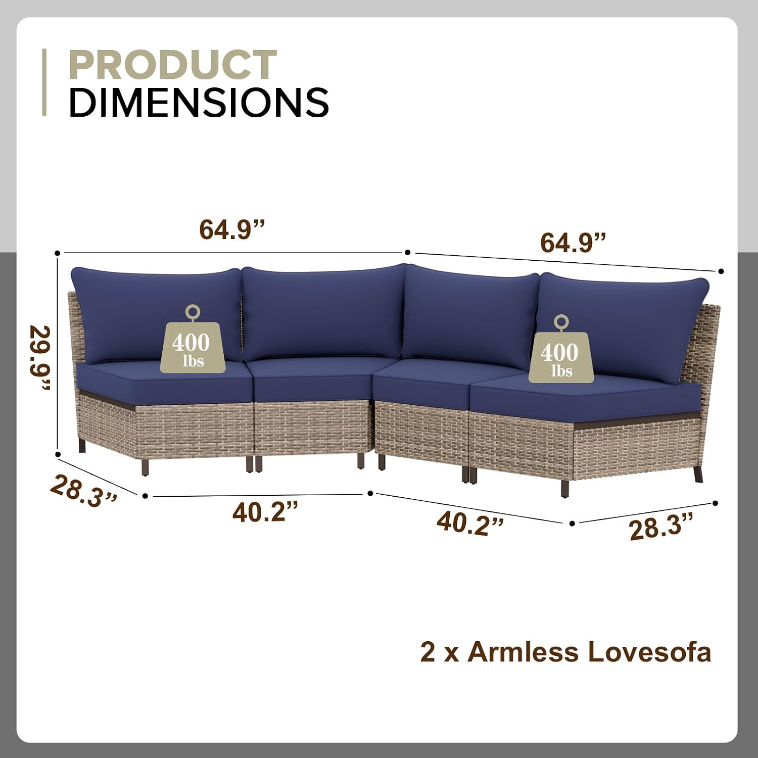 COOS BAY Aurora Terrace Outdoor Wicker Sectional Curved Sofa Set, Modular Patio Seating with Cushions, 4 Seat Balcony Furniture, All Weather Rattan, Beige/Blue
