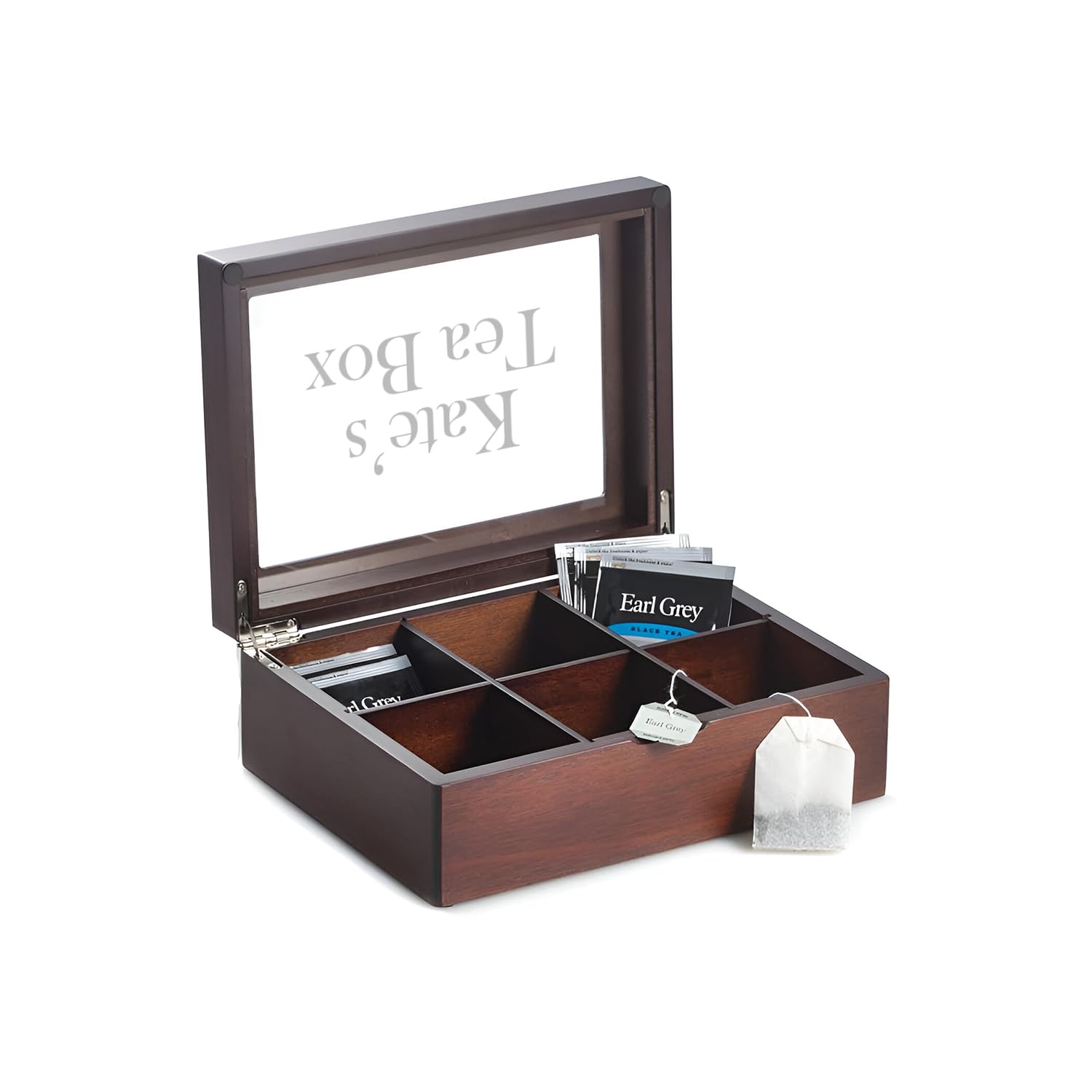 Bey-Berk Custom Engraved Mahogany Tea Storage Chest with Glass Lid – 6-Compartment Box for Tea Bags & Accessories