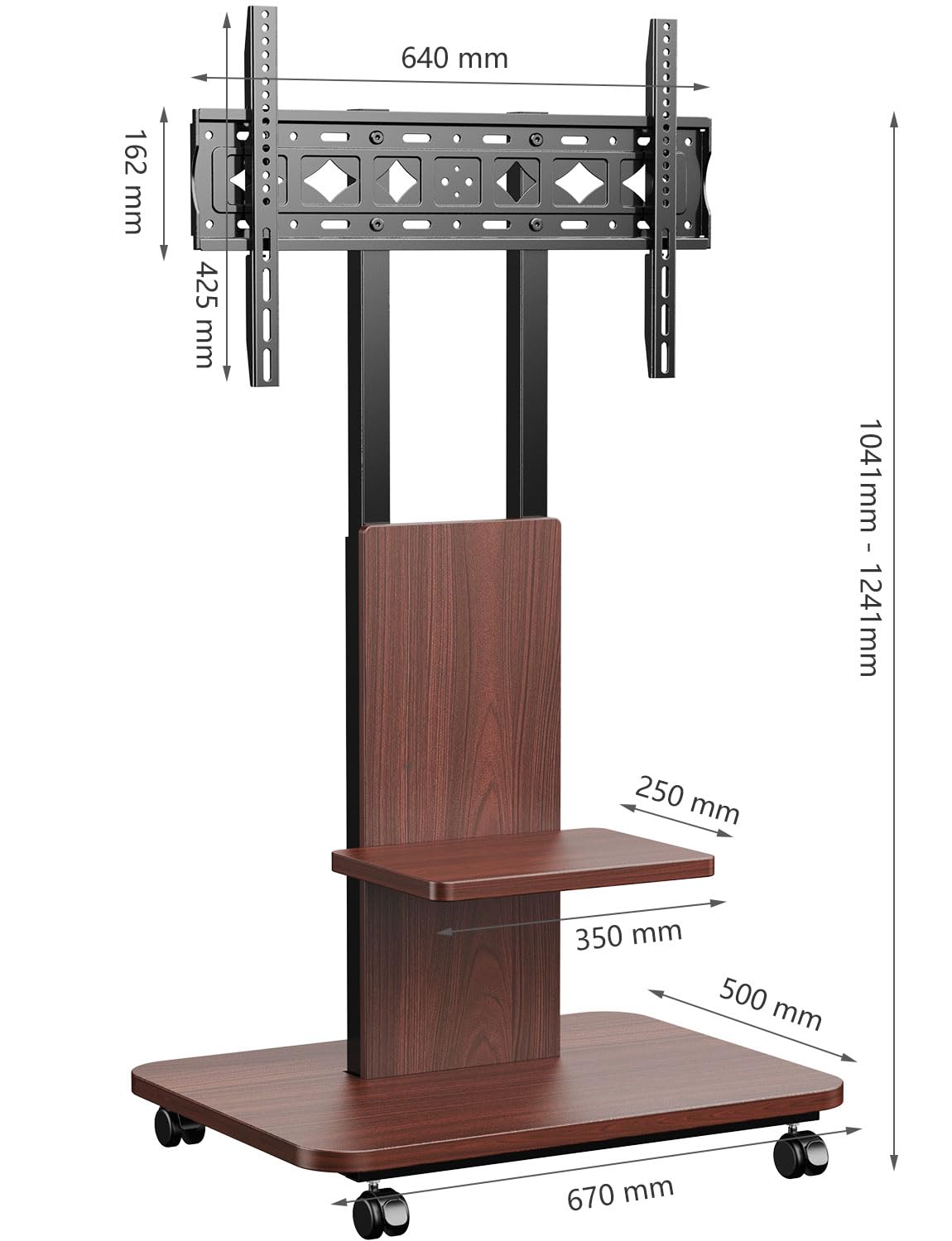Supporto TV su base pavimento con ruote per schermo da 32 a 75 pollici/LCD/LED/Plasma,Carrello TV con roulette con scaffalatura, regolabile in altezza può sopportare fino a 60 kg, VESA 200 x