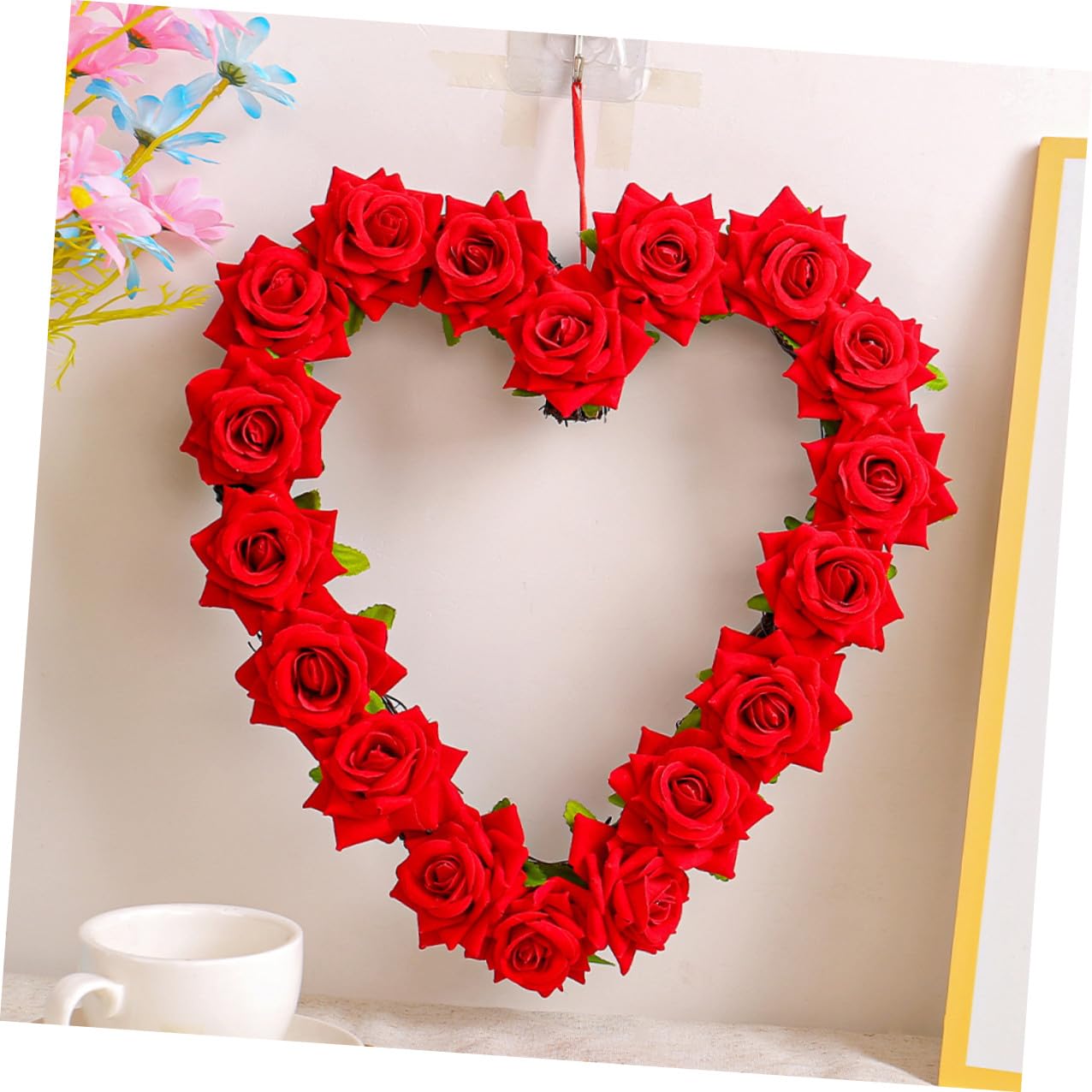 Homoyoyo Ghirlanda Floreale Artificiale a Forma di Cuore Finta per Decorazione Porta D’ingresso Festa Anniversario Matrimonio Rosso