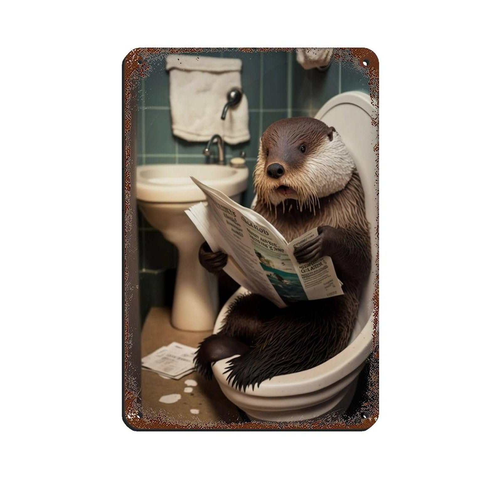 Lxwnze 20L X 30W Cm Otter Sitting On The Toilet Reading A Newspaper Retro Poster Metal Tin Sign Chic Art Retro Iron Painting Bar People Cave Cafe Family Garage Poster Wall Decoration 8X12inch(20X30cm)