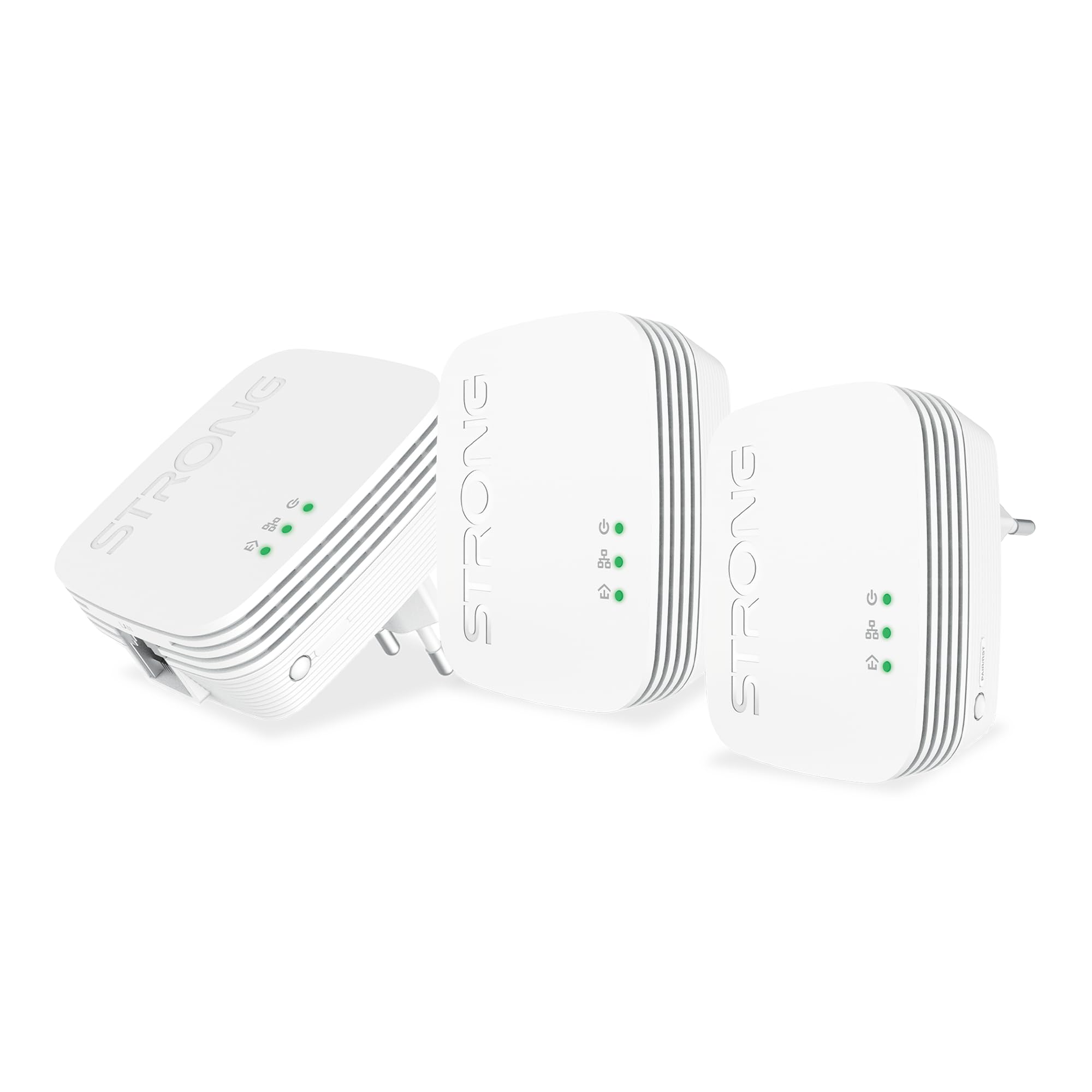 Strong - Powerline 600 Triple Set Mini - 3 Powerline-Adapter 600 Mbps - Highspeed-Internetzugang - 300 m Reichweite - Für alle Boxen/Router - LAN-Anschluss - Plug & Play-Installation - weiß