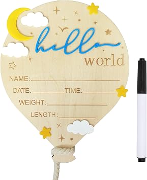 Baby Announcement Sign, 5.9 Inch Wooden Hello World Newborn Signs, Birth Announcement Sign, Hot Air Balloon and Moon Decoration, Welcome Newborn Arrival to World, Hospital Nursery for Baby Navy