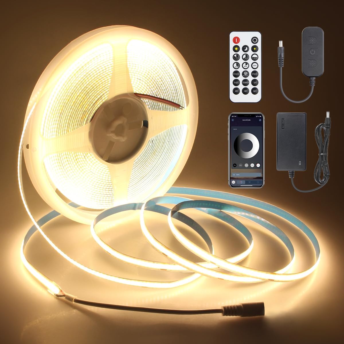 Aclorol 50FT LED Strip Lights COB 3000K Warm White Dimmable 24V LED Light Strip Kit High Density Bright Tape Lights with Power Supply for Cabinet Display Home DIY Lighting Projects CRI85+ 320LEDs/M