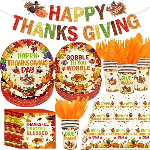 188Pcs Thanksgiving Party Supplies Happy Thanksgiving Banner Thanksgiving Table Decorations Thanksgiving Plates and Napkins Sets Thanksgiving Plates Disposable Dinnerware for Thanksgiving Decorations