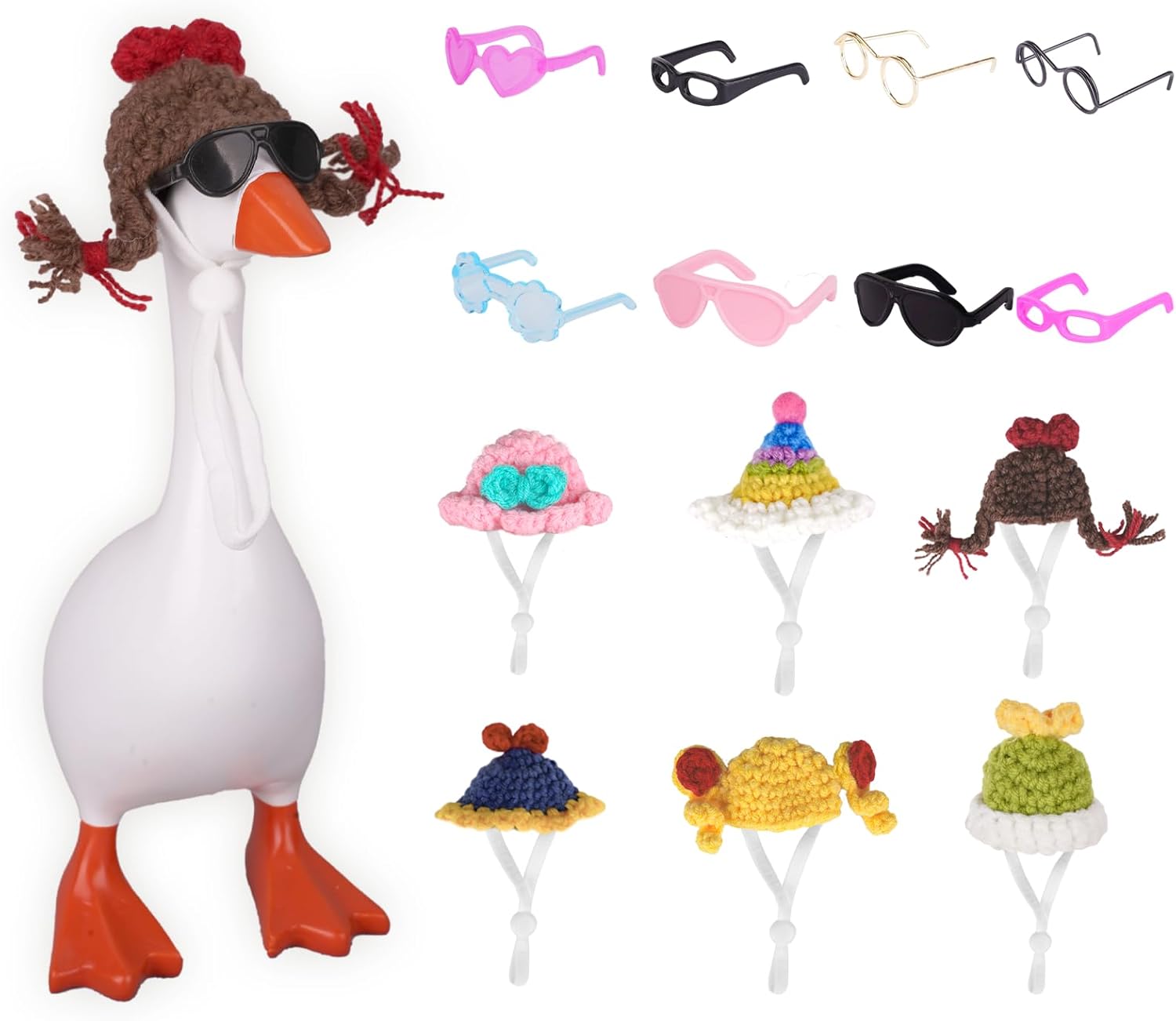 Desktop Goose Outfits Mini Goose Clothes 6Pcs Mini Knitted Hats Accessories Headwear 8Pcs Glasses Small Funny Desktop Decorations for Cute Desk Magnetic Statue Accessories