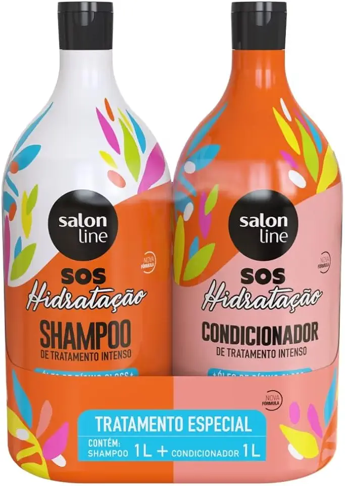 Salon Line, Kit Shampoo e Condicionador, SOS Hidratação, Óleo de Rícino, Vegano - Cabelos Lisos, Ondulados, Cacheados e Crespos, 1 L cada