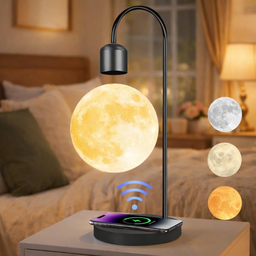 Magnetic Levitating Moon Lamp with 15W Wireless Phone Charger 3-Color LED Floating Night Light Desk Lamp for Bedroom Home Office Decor