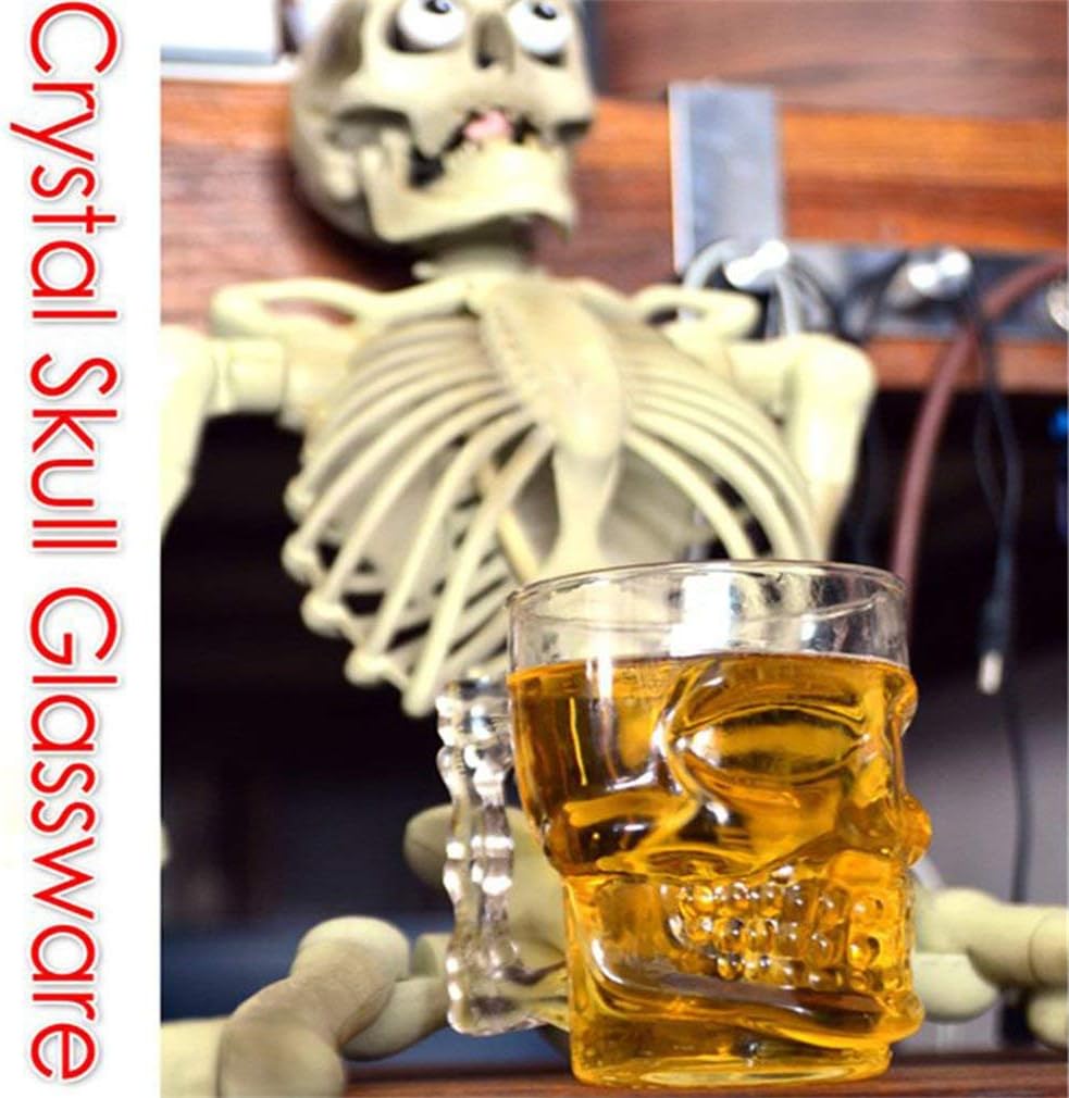 2Pcs Clear Heavy Base Glass Skull Face Drinking Mug cup with Glass Handles, 18 Ounce (500ml)1 Beer Juice Water Drinking Glass