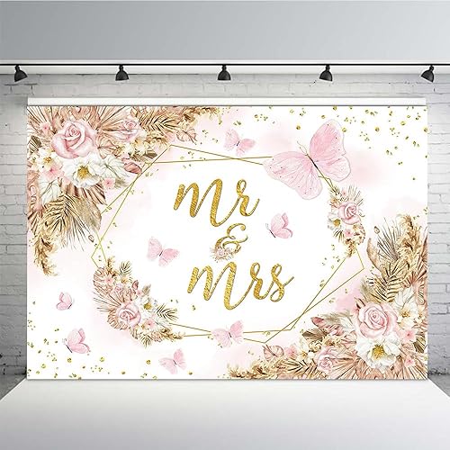 MEHOFOND Telón de fondo bohemio de boda Mr & Mrs de 7 x 5 pies - Hierba rosa de las Pampas y mariposas - Poliéster