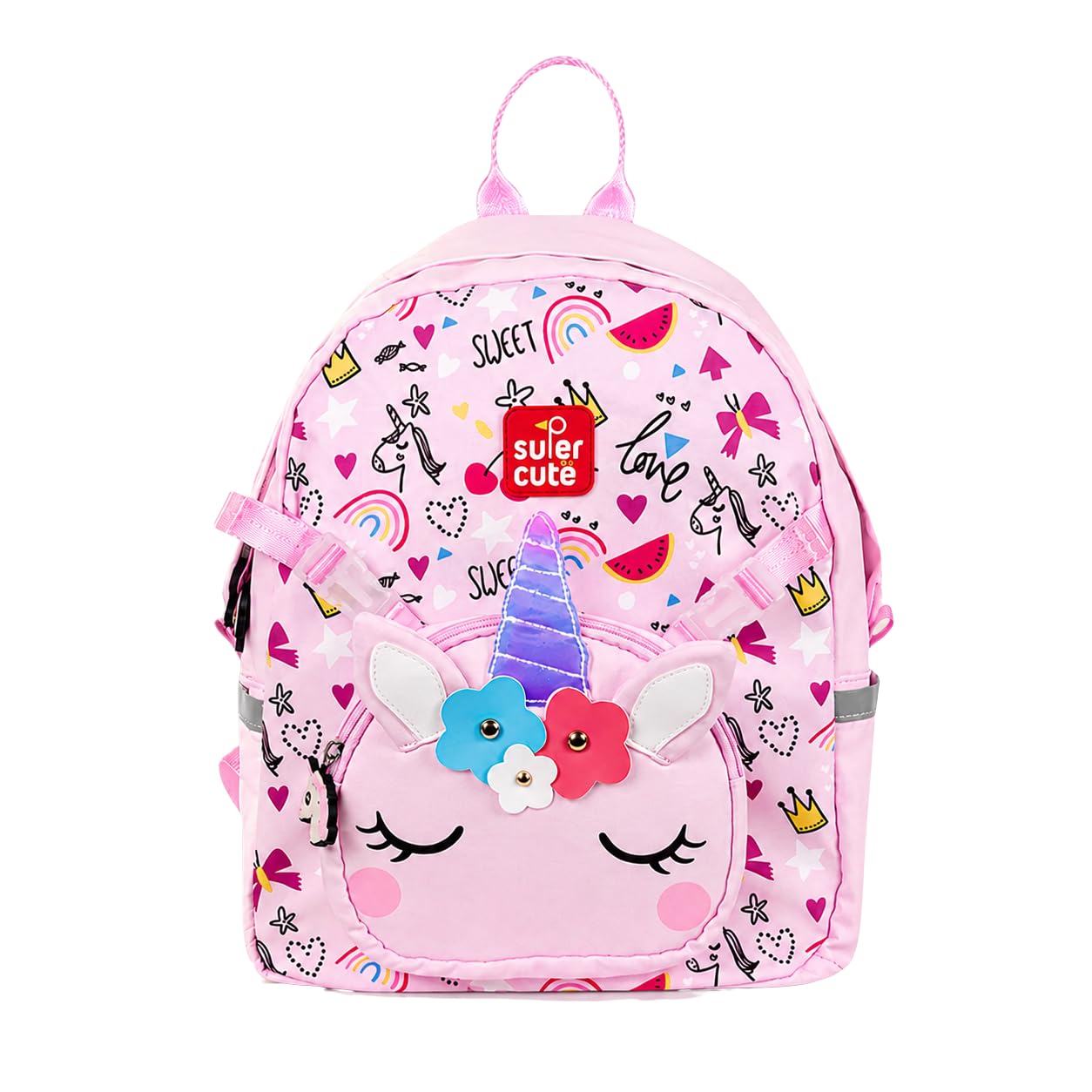 Luna Kids Unicorn Backpack with Detachable Crossbag, Pink, Super Cute Design with Rainbow and Hearts Pattern, School Bag Set-image-41