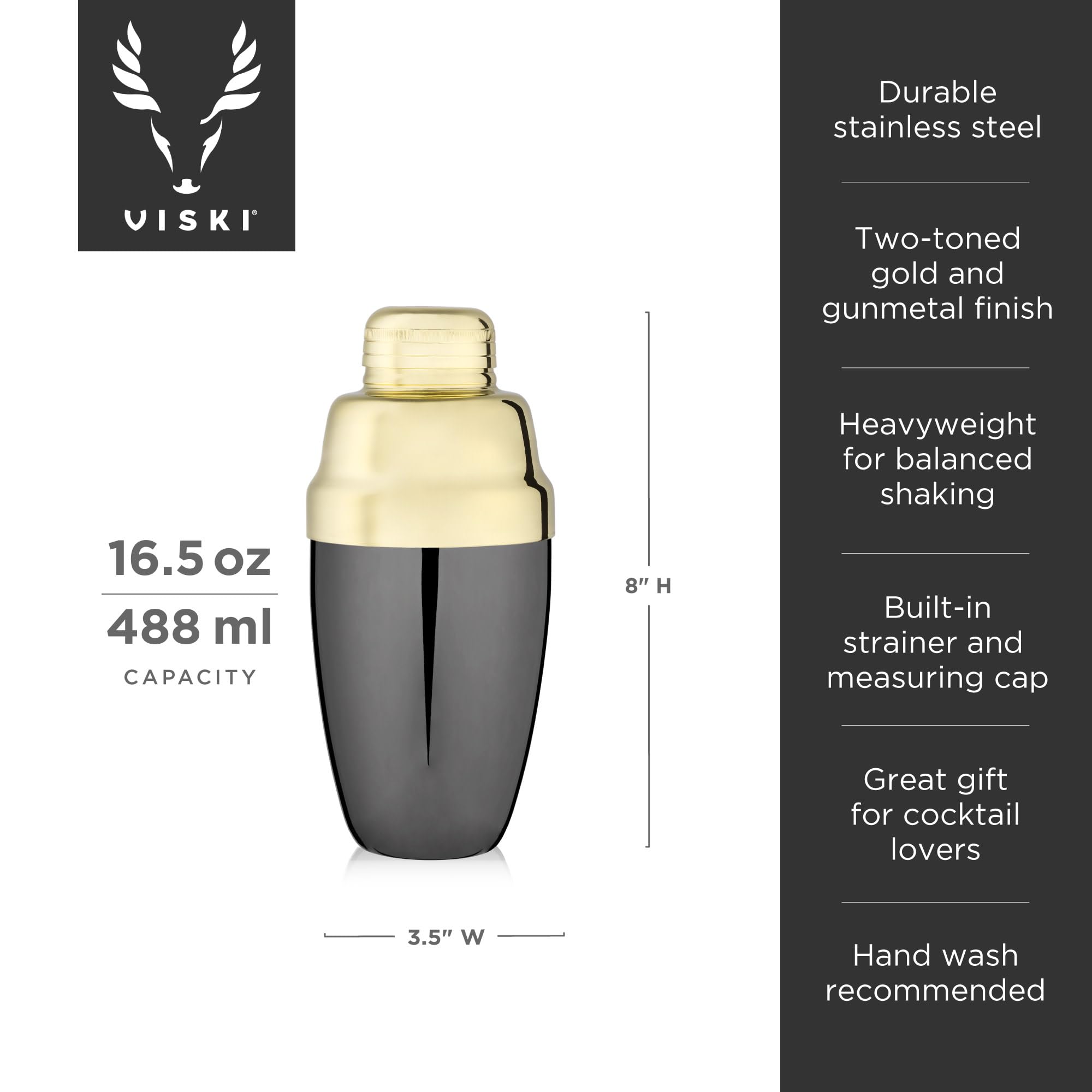 Viski 10295 - Coctelera con colador de acero inoxidable, 482 ml, color dorado y negro