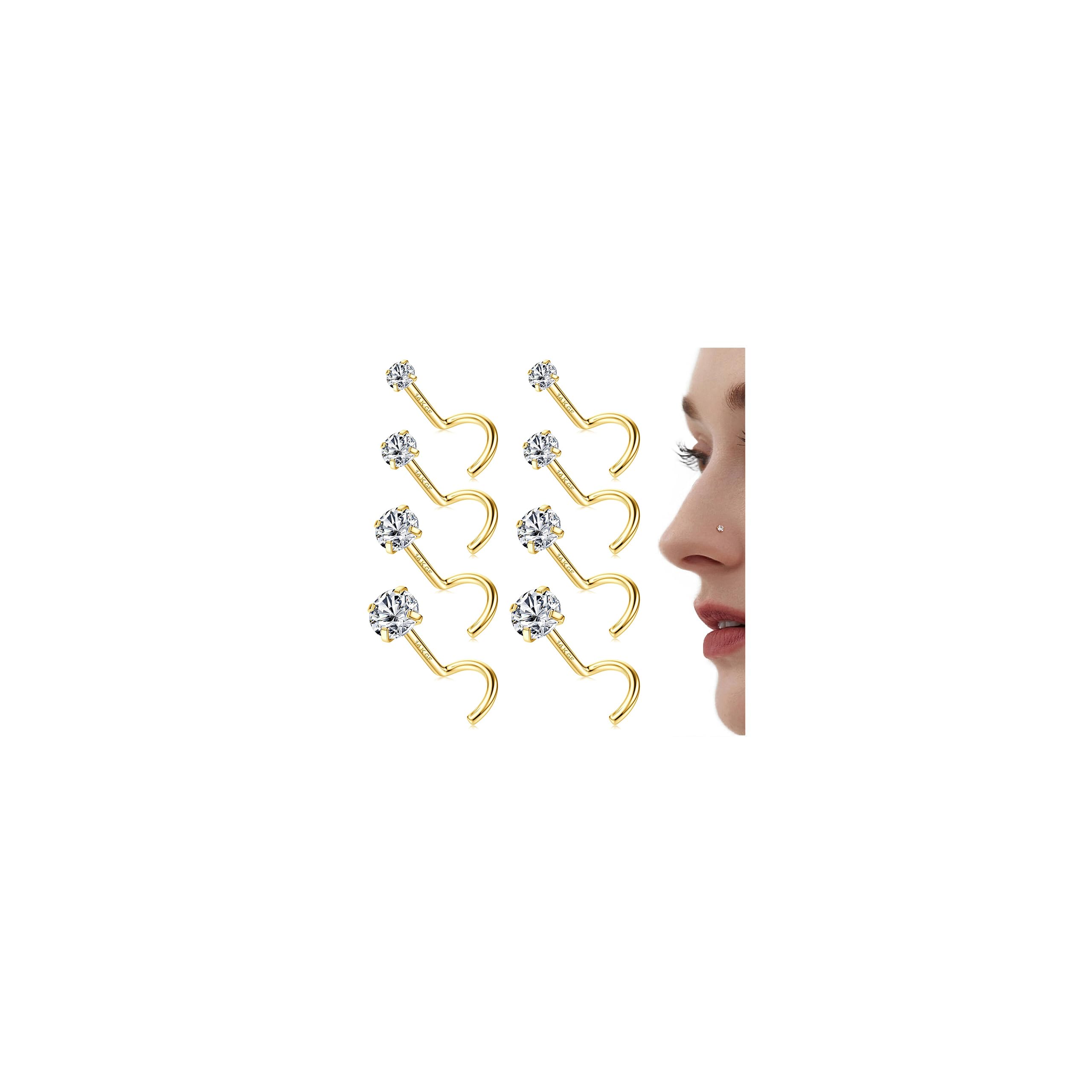 LOLIAS 14K Gold Filled Nose Studs 316L Surgical Steel Nose Rings Studs 6A Cubic Zirconia Corkscrew L Shaped Nose Piercing Hypoallergenic Nose Rings