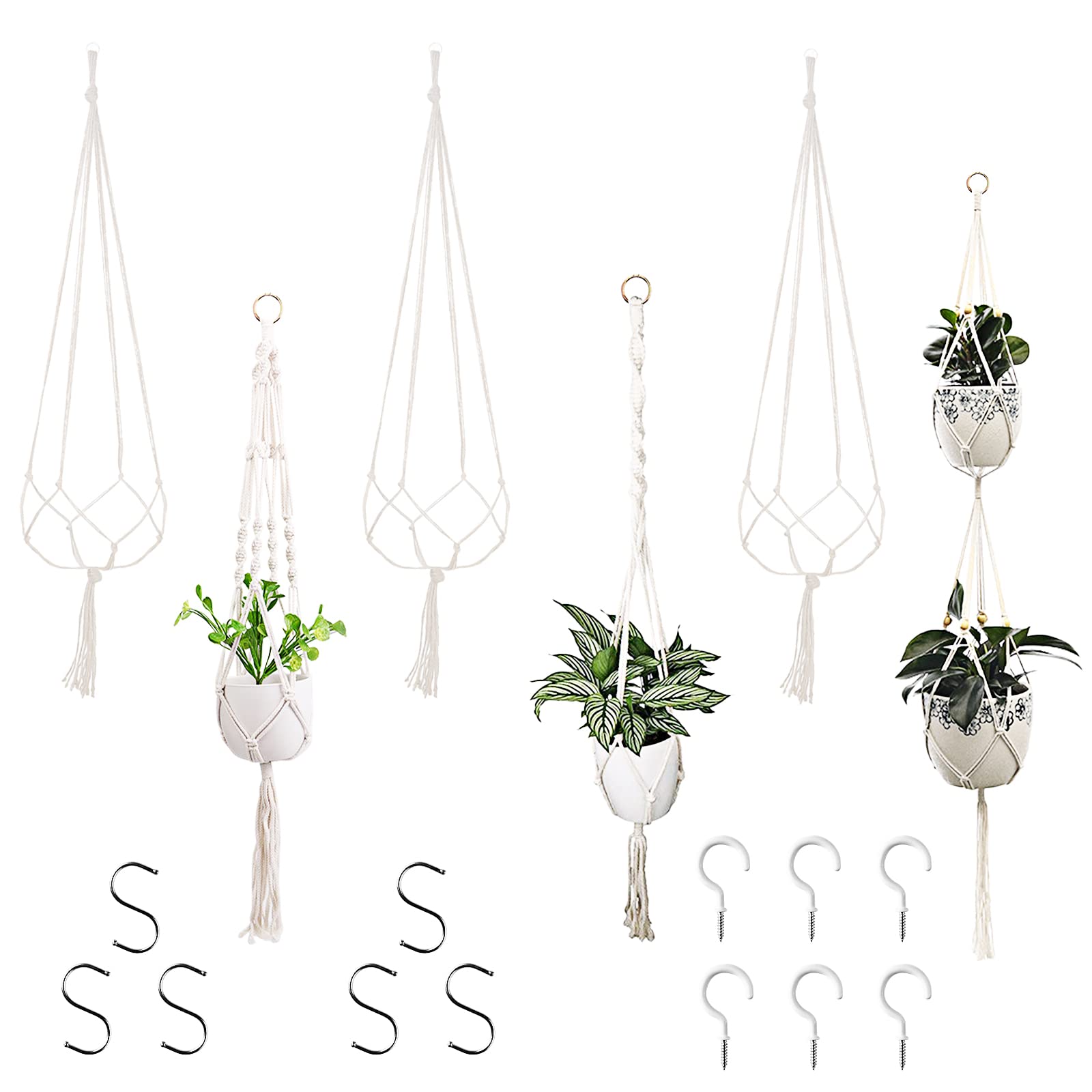Gvolatee 6 Piezas Macramé Perchas de Cuerda Algodón para Plantas, con Ganchos Tornillos y en S, Planta Suspensión Colgador Techo, Soporte Macetas Decorativas Colgante Interior, Maceteros Colgantes